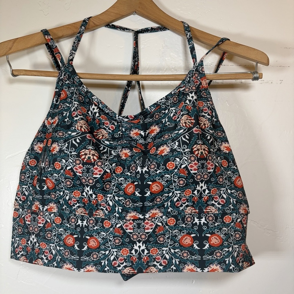 Swim Floral-Print Blue/Orange Pleated Tankini Top Size 2XL‎ Strappy Crossed Back